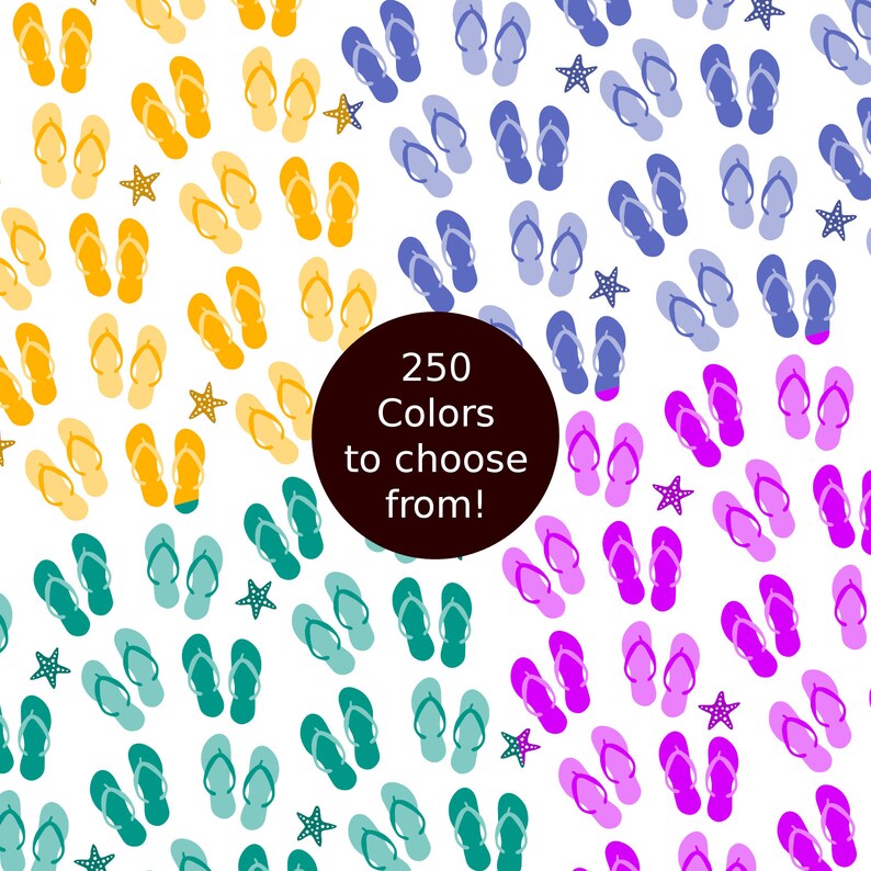 May include: A white background with a pattern of colourful flip flops. The flip flops are in shades of yellow, blue, teal, pink, and purple. The text "250 Colours to choose from!" is in the centre of the image.