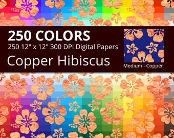 Hibiscus Flowers Copper Digital Paper Pack, Rainbow Colors Digital Paper Copper Hibiscus Pattern, Copper Floral Digital Papers Hawaiian