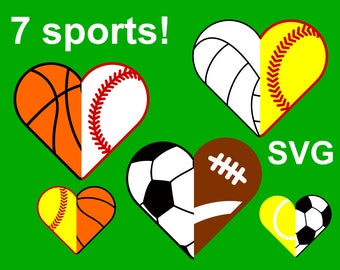 7 Sports Half Hearts SVG files for Cricut & Silhouette, 14 heart halves SVG cut files, Sport Half Heart SVG bundle, sports clipart pdf, dxf