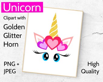 Golden Unicorn Clipart, Unicorn face clip art with golden horn, Unicorns clipart, Golden glitter Unicorn head PNG + JPEG, Gold Unicorn JPG