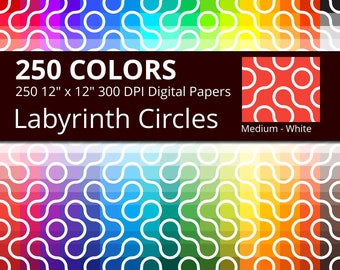 Labyrinth Circles Digital Paper Pack, 250 Colors Circles Digital Paper Labyrinth Pattern, Labyrinth Background, Medium White Curvy Labyrinth