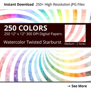 Watercolor Twisted Starburst Digital Paper Pack, 250 Watercolor Digital Paper Starburst Swirl in Rainbow Colors, Spiral Sunburst Watercolor