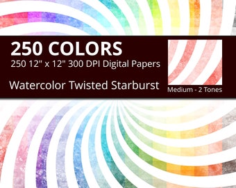 Watercolor Twisted Starburst Digital Paper Pack, 250 Watercolor Digital Paper Starburst Swirl in Rainbow Colors, Spiral Sunburst Watercolor