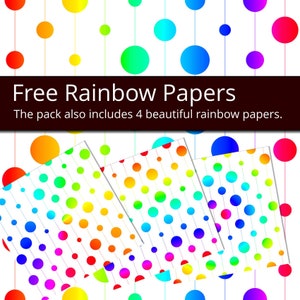 May include: Four digital papers with a rainbow polka dot pattern. The pack also includes 4 beautiful rainbow papers.