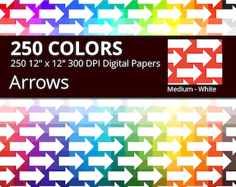 250 White Arrows Digital Paper Pack with 250 Colors, Rainbow Colors Medium White Arrow Pattern Scrapbooking Paper