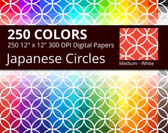 White Japanese Circles Digital Paper Pack, 250 Colors Intersecting Circles Scrapbooking Paper Download, Rainbow White Shippou Pattern