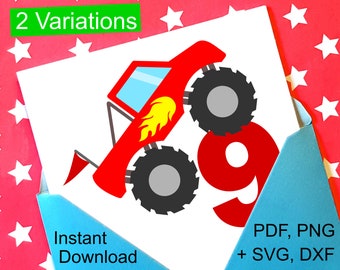Monster Truck 9th Birthday SVG and Printable Clipart to make a 9th Birthday Shirt, Gift, Card, Invite or Invitations for boys