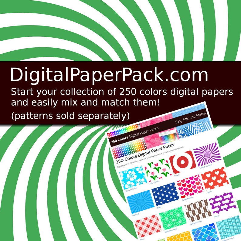 May include: A digital paper pack with 250 colours. The image shows a variety of patterns, including flowers, stars, hearts, and stripes. The text on the image reads "250 Colours Digital Paper Packs" and "Easy Mix and Match".