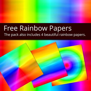 May include: Four colourful digital papers with rainbow gradients. The pack also includes 4 beautiful rainbow papers.