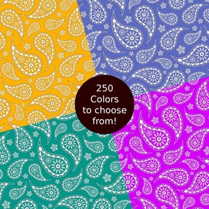 May include: A digitally created image featuring four quadrants with a paisley pattern in different colors: yellow, blue, teal, and magenta. Each quadrant displays a repeating white paisley design. A circular graphic in the center reads "250 Colors to choose from!"