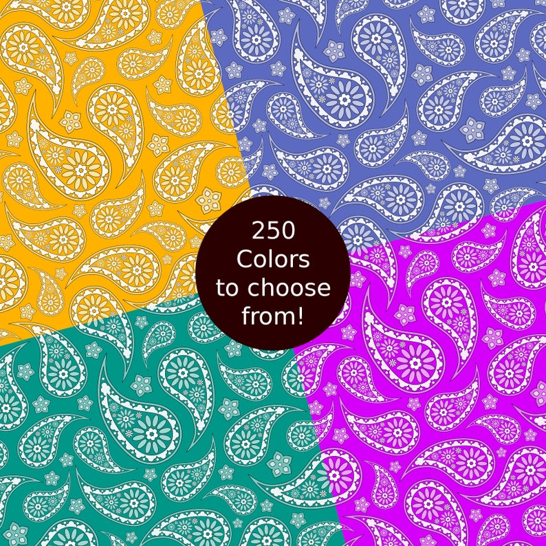 May include: A digitally created image featuring four quadrants with a paisley pattern in different colors: yellow, blue, teal, and magenta. Each quadrant displays a repeating white paisley design. A circular graphic in the center reads "250 Colors to choose from!"