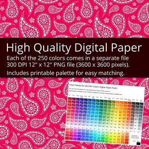 May include: Digital paper pack featuring 250 paisley designs in various colors. Each 12" x 12" PNG file is 300 DPI. Includes a color palette for easy matching. Also includes free rainbow papers.