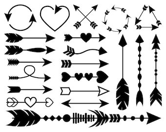 Arrows SVG Bundle with 21 Arrow SVG files and printable clipart decorated with hearts, beads and feathers