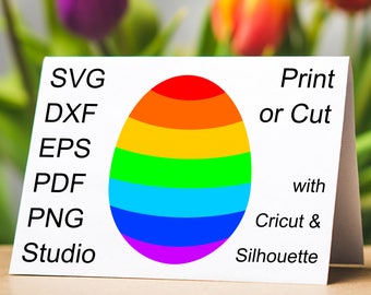 Rainbow Easter Egg SVG file with 7 colorful bands painted on its shell, red, orange, yellow, green, indigo, blue, purple