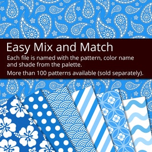 May include: A collection of blue and white patterned papers with a paisley background. The text "Easy Mix and Match" is displayed, along with details about the patterns and color names. More than 100 patterns are available.