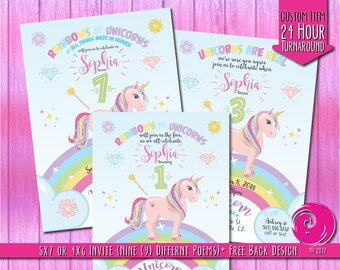 CUSTOMIZED ITEM: Magical Unicorn Pastel Rainbow Birthday Party Celebration Invitation Invite Card Diamonds Bows Stars Wand Scepter PDF