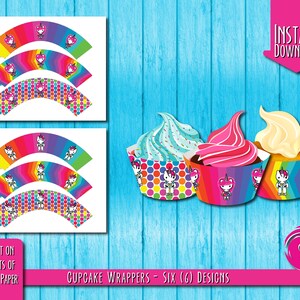 Op de afbeelding: Printbare cupcake-verpakkingen met zes verschillende ontwerpen met een regenboog- en eenhoorn-thema. De verpakkingen zijn ontworpen om te worden afgedrukt op A4-papier.