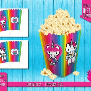 NATYCHMIASTOWE POBIERANIE - Edytowalne: Magiczne pudełka na popcorn z tęczowym jednorożcem na urodziny Hello Pony Brony Kitty Pride PDF