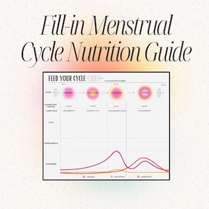 Peut inclure: Un guide de nutrition du cycle menstruel à remplir avec le texte "Fill-in Menstrual Cycle Nutrition Guide". Le guide comprend un planificateur de soutien du cycle avec les phases, le jeûne intermittent, le suivi des glucides, les aliments, les suppléments et les hormones.