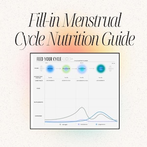 Puede incluir: Una guía de nutrición del ciclo menstrual para rellenar, con el título en la parte superior. La guía incluye un planificador de ciclo con fases, ayuno intermitente, seguimiento de carbohidratos, alimentos, suplementos y hormonas. La guía tiene un fondo degradado colorido.