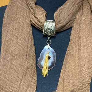 Brown Viscose Scarf Necklace: Agate Pendant, Tassel & Pearl Charm