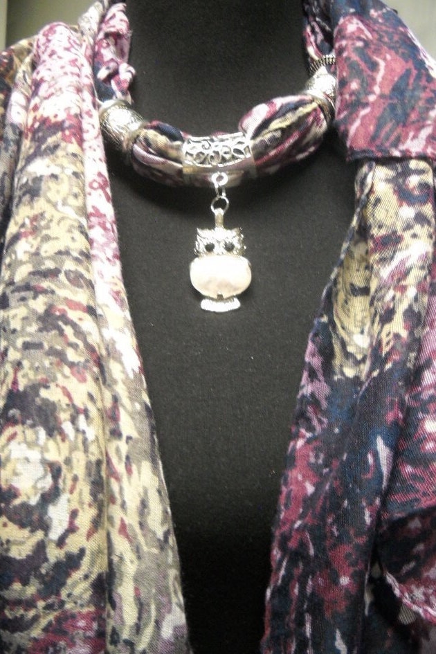 Owl Pendant Scarf: Multicolor Viscose Jewelry Scarf