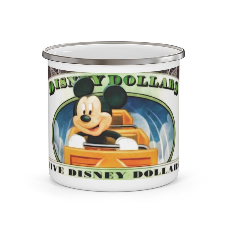 Enamel Camping Mug Painting of Disneyland Resort Vintage Disney Dollars Mickey Mouse image 1