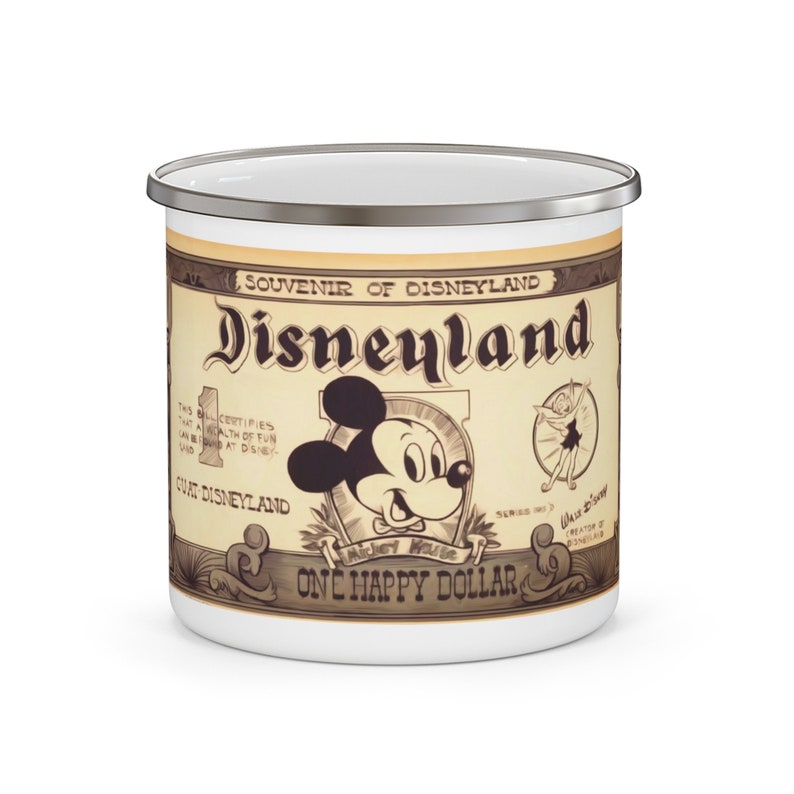 Enamel Camping Mug Painting of Disneyland Resort Vintage Disney Dollars Mickey Mouse image 1