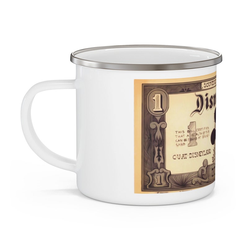 Enamel Camping Mug Painting of Disneyland Resort Vintage Disney Dollars Mickey Mouse image 3