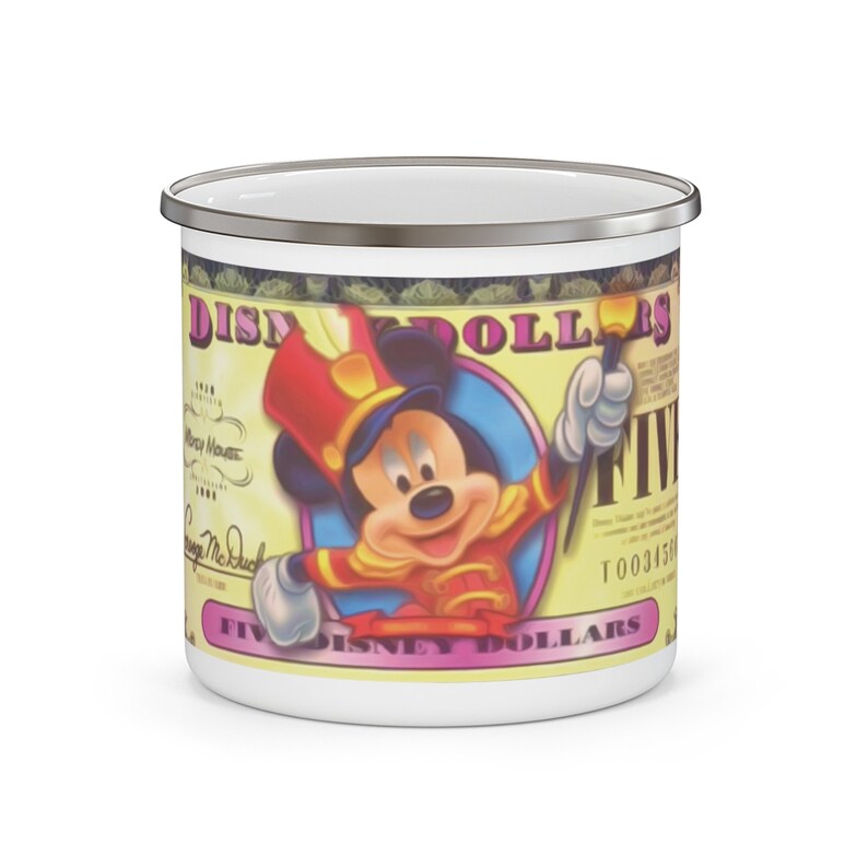 Enamel Camping Mug Painting of Disneyland Resort Vintage Disney Dollars Mickey Mouse image 1