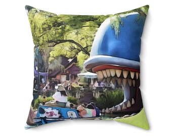 Pode incluir: Uma baleia de desenho animado azul e vermelha com dentes grandes é representada em um estilo de aquarela. A baleia está em um ambiente de parque com árvores verdes e pessoas no fundo.