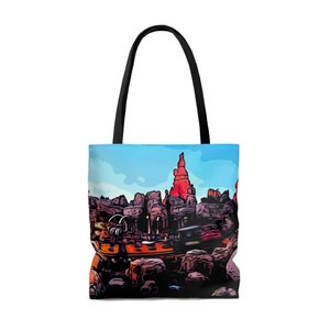 AOP Tote Bag Painting of Disneyland Big Thunder Mountain Railroad Train Ride