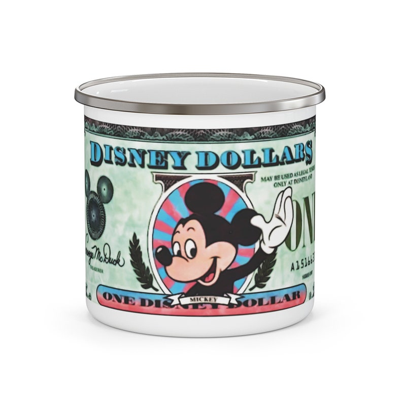Enamel Camping Mug Painting of Disneyland Resort Vintage Disney Dollars Mickey Mouse image 1