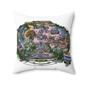 Pintura de almohada cuadrada de poliéster hilado de Disneyland Resort Vintage ~ Mapa del parque ~