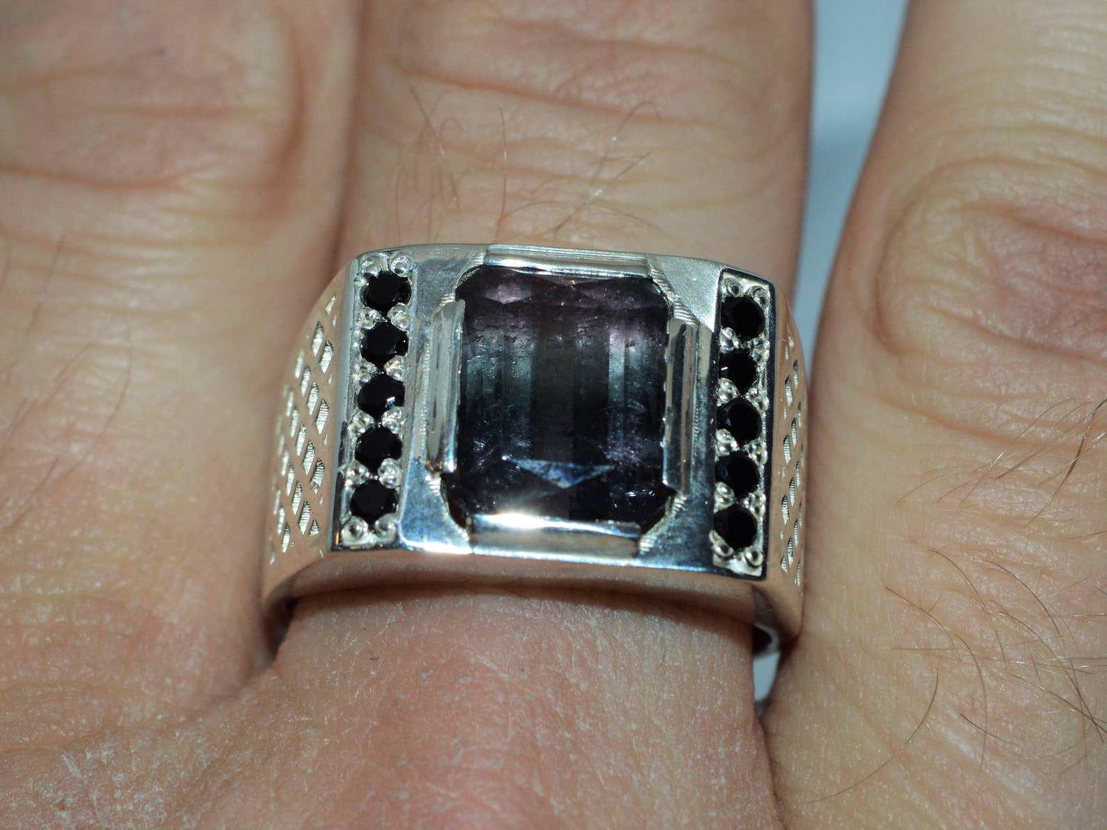 Men's ring with polychrome natural tourmaline and black Etsy