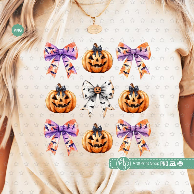 May include: A digital design featuring six watercolor illustrations of pumpkins and bows. The pumpkins are orange with black eyes, noses, and mouths. The bows are purple, orange, and white with black bats.