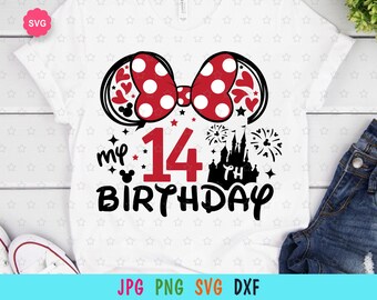May include: White t-shirt featuring a red and white Minnie Mouse ears design, a black castle, fireworks, and the text "my 14th birthday".