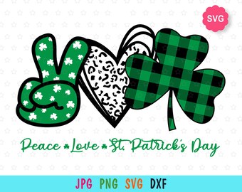 Peace Love St. Patricks Day SVG para cricut, Shamrock buffalo plaid prints para camiseta, Saint Patricks SVG para Lucky day