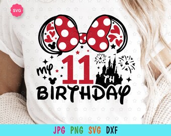 May include: Red and black Minnie Mouse ears with white polka dots and a bow. The text "my 11th birthday" is below the ears with a black castle and fireworks.