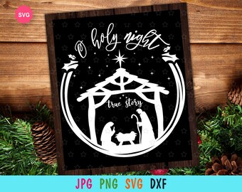 O Holy Night Svg for cricut, Merry Christmas print for t-shirt, Silent night Svg, Nativity scene Svg, Round sign Svg