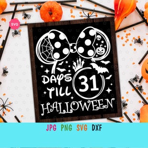 May include: Black and white digital download design featuring a Mickey Mouse-inspired silhouette with a bow and a spiderweb. The design says "Days Till Halloween" and "31".