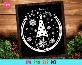 May include: Black and white digital design featuring a gnome with a snowflake on its hat and the text "Let it Snow".