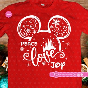 Ratón Paz Amor Alegría Svg para cricut, Camisa de Navidad Svg, Orejas de ratón Svg, Feliz Navidad Svg, Camisa navideña Svg