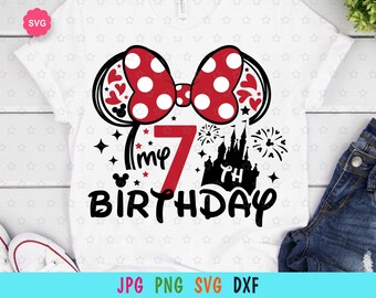 May include: White t-shirt featuring a red and white Minnie Mouse ears design, a black castle, fireworks, and the text "my 7th birthday".