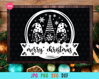 May include: Black and white digital design featuring three gnomes wearing Santa hats and holding Christmas-themed items. The gnomes are inside a circle with snowflakes and the text "merry christmas" on a banner.