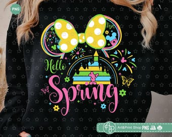 Mouse Girl Hello Spring Png, Mouse mama Png, Family vacation Png, Mouse ears Png, Butterfly Png, Spring shirt Png, Spring flowers Png
