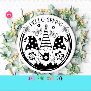 Wichtel Hello Spring Svg für Cricut, Frühlingsschild Svg, Schmetterling Svg, Frühlingswichtel Svg, Blumen Svg