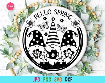 Gnomes Hello Spring Svg for cricut, Spring sign Svg, Butterfly Svg, Spring gnomes Svg, Flowers Svg