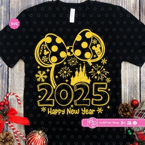 Souris fille bonne année 2025 Svg pour cricut, Bonjour 2025 Svg, oreilles de souris Svg, nouvel an Svg, bienvenue 2025 Svg