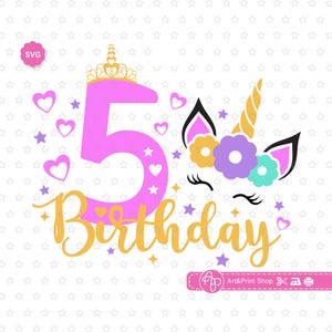 Unicórnio 5º aniversário Svg para cricut, Aniversariante Svg, Unicórnio mágico Svg, Princesa de aniversário Svg, Menina unicórnio Svg, Aniversário unicórnio Svg